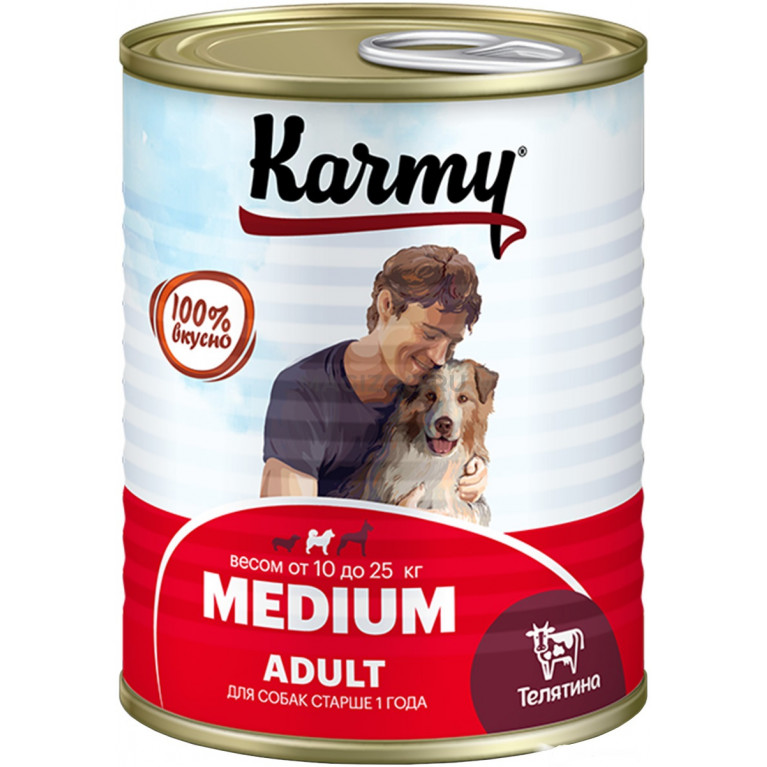 KARMY Medium Adult Консервы для собак средних пород старше 1 года, Телятина 340г